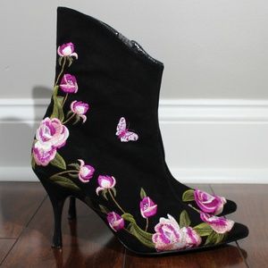 Beverly Feldman Kitten Heel Floral Booties